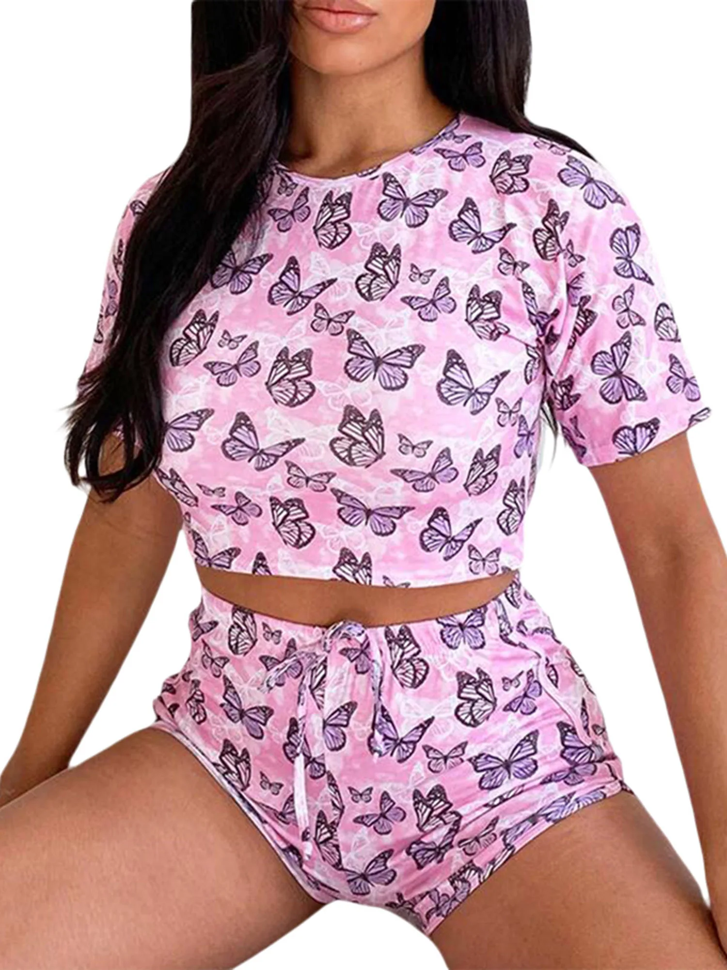 

Women's Two Piece Set Fruit Lemon Printed Short Sleeve Crop Tops Elastic Waist Shorts for Female