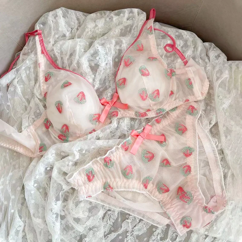 

Underwear cute sweet embroidered lingerie strawberry girl bra set sexy slightly transparent summer bralette new