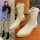 Женские ботинки, осень 2021, новый стиль, ботинки мартинсы на толстом каблуке, зимние ковбойские ботинки средней длины в западном стиле, женские короткие ботинки с острым носком