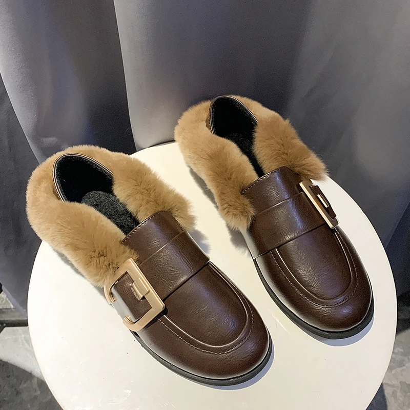 Winter mules slides outside fur slippers metal buckle flats slip-on slingback flip flops Korean casual round toe plush |