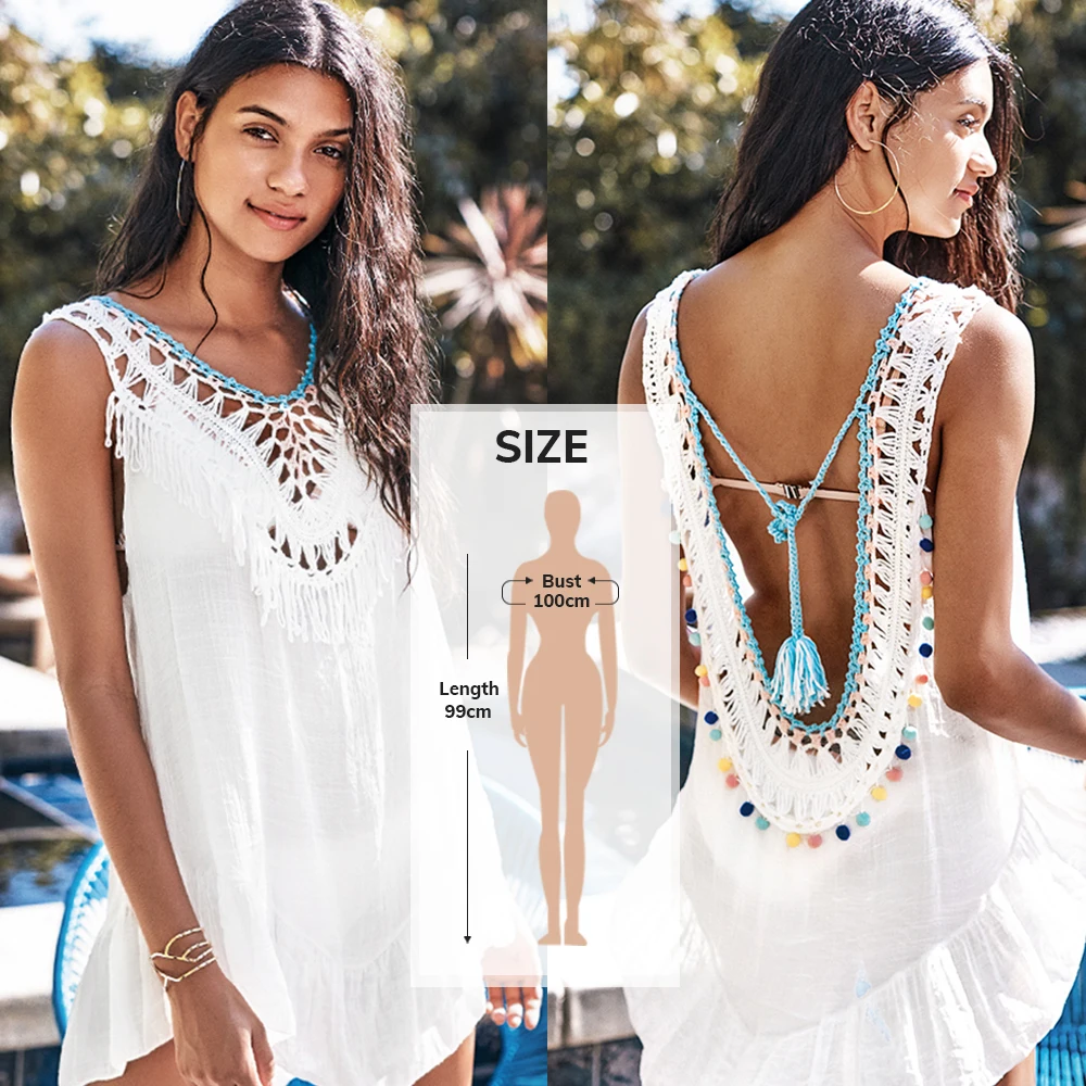 

White Backless Cover Up With Tassels Sexy V-neck Lace Up Halter Beach Dress Women 2021 Summer Bathing Suit Beachwear