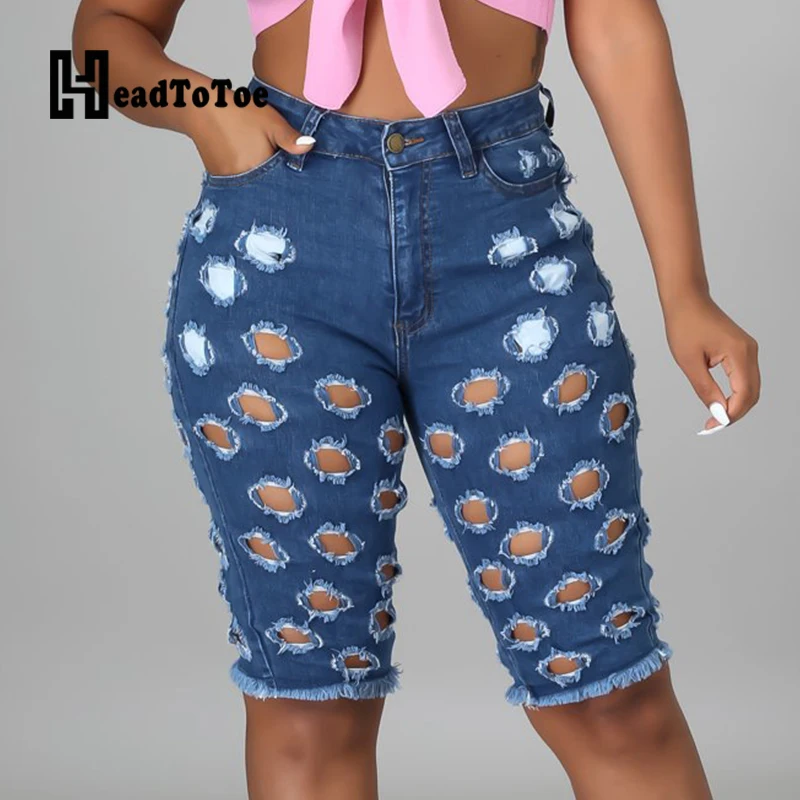 

Chic Hallow Out Knee Length Denim Pants Women Skinny Summer Jeans