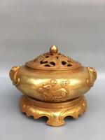 8chinese folk collection old bronze gilt sika deer statue binaural fushou shuangquan incense burner office ornaments town house