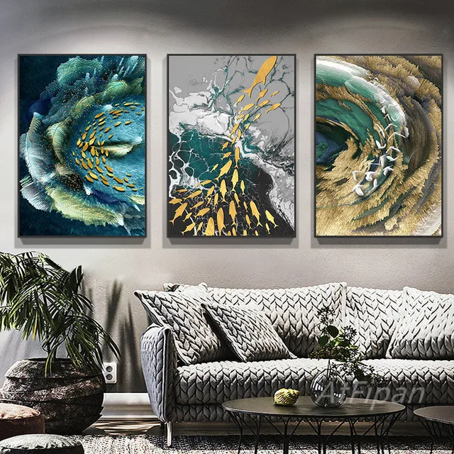 Абстрактные роскошные золотые горные ремешки постер с рыбками скандинавские