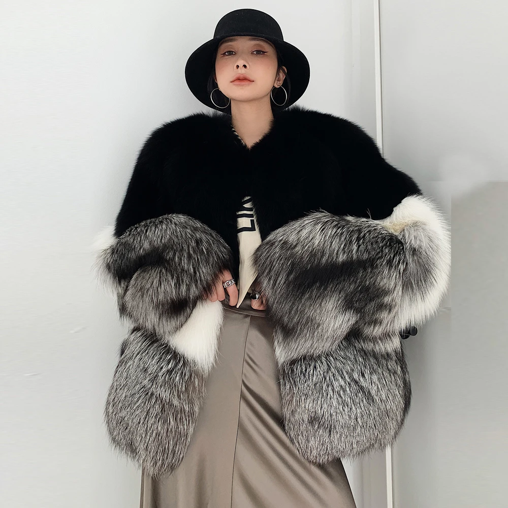 Luxury Women Natural Fox Fur Jacket Round Collar Fashion Color Patchwork Genuine Fox Fur Coats Female Thick Warm Fur Overcoats