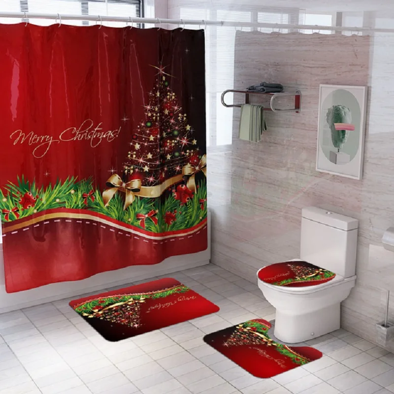 

Random Pattern Delivery Christmas Tree Printing Bathroom Waterproof Shower Curtain Set Toilet Cover Mat Non-slip Mat 4pcs Set