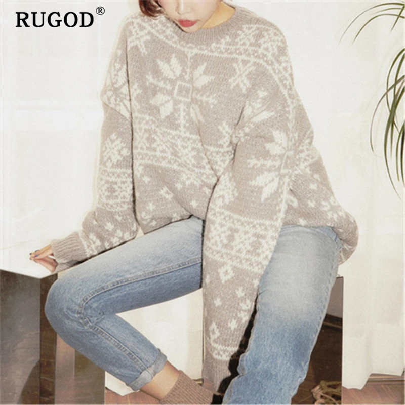 RUGOD Fashion knitted Christmas sweater women Korean chic batwing sleeve loose winter warm pullovers 2019 Casual printed | Женская