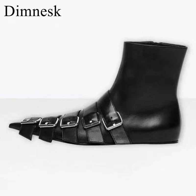 

Runway Flat Chelsea Boots Women Pointed Toe Genuine Leather Belt Buckle Ankle Botas 2021 Ladies Punk Style Handsome Autumn Shoes
