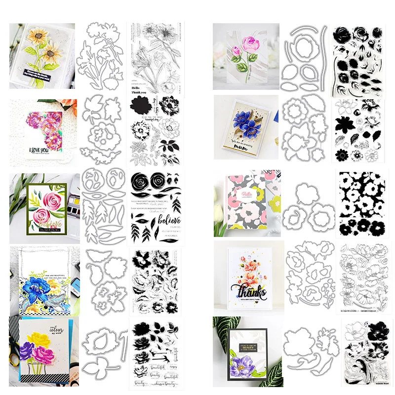 

Blooming Beautiful Flowers Metal Cutting Dies&Coordinating Stamps For Scrapbooking Craft Die Cut Card Making Embossing Stencil