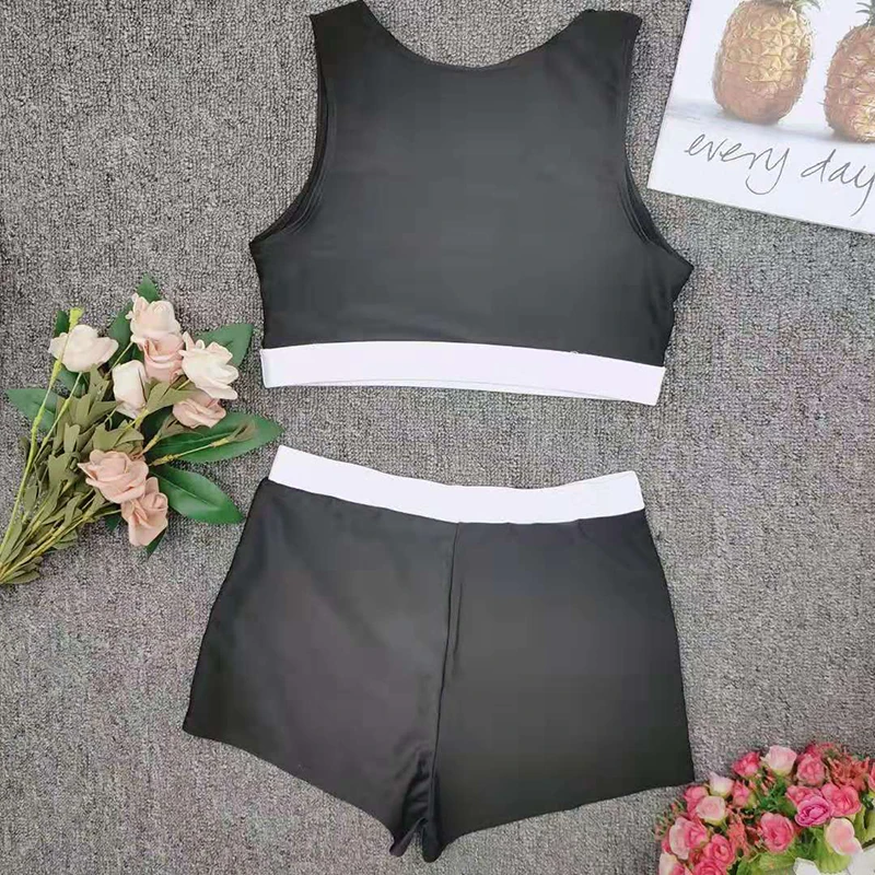 Женский пляжный спортивный купальник с высокой талией черный лоскутный комплект