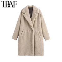 traf women fashion thick warm double breasted faux fur teddy coat vintage long sleeve pockets female outerwear chic overcoat