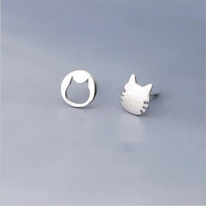 

New Fashion Silver Color Jewelry Cute Creative Small Cat Hollow Asymmetrical Stud Earrings for Women Gifts Female SE230