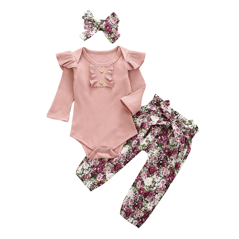 

New Infant Newborn Baby Girl’s Clothes Fresh Solid Color Long Sleeve Ribbed Jumpsuit and Stripe Floral Long Pants with Headband