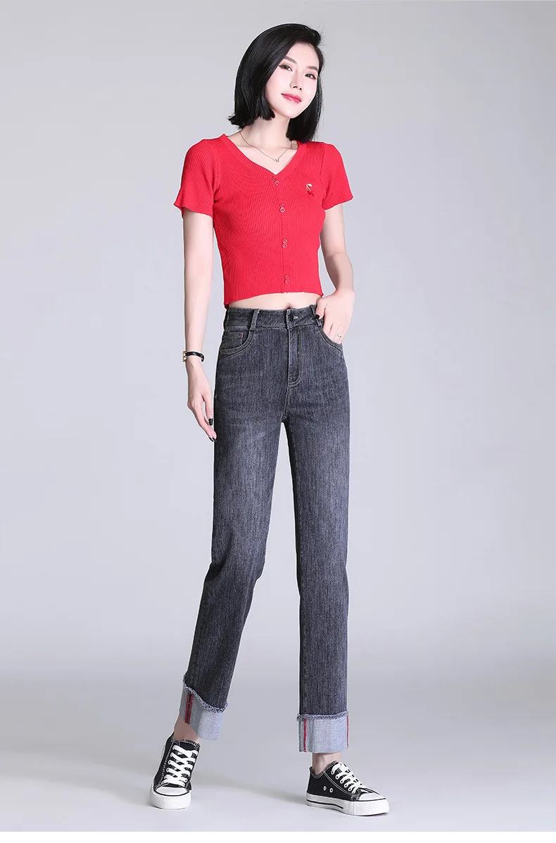 

Gray Straight Jeans Women Fashion High Waisted Slim Casual Cuffs Denim Pants Office Lady Elegant Mom Jeans Plus Size S-6XL 6009