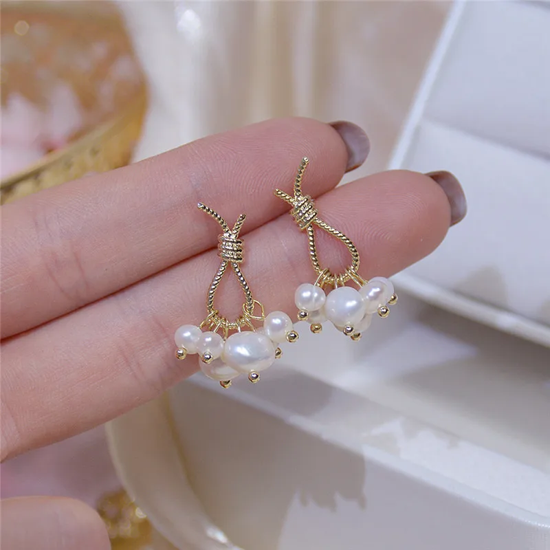 

New Fashion 14K Real Gold Knotted Natural Freshwater Pearls Stud Earrings for Women Cubic Zircon ZC Gift Earrings