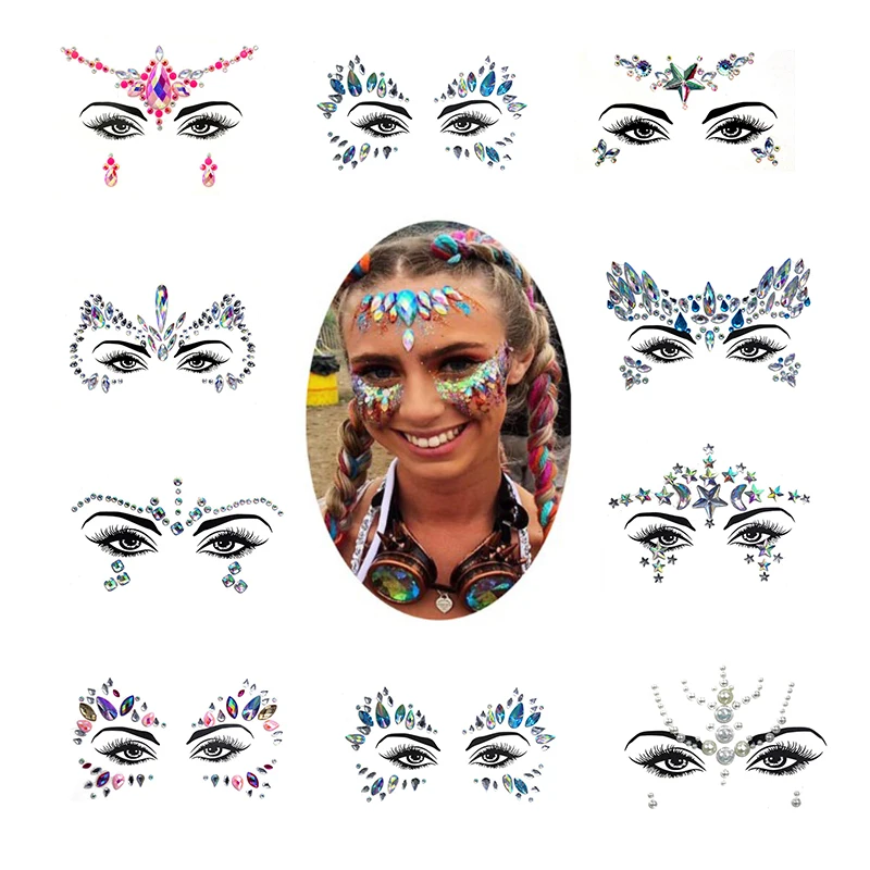 

3D Rhinestones Stickers For Face Tattoos Sexy Makeup Party Glitter Face Jewels Temporary Tattoos