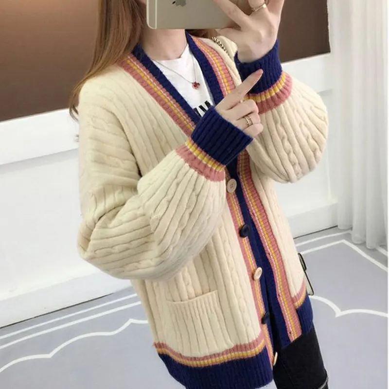 Осень Зима Свободный вязаный женский кардиган свитер корейский стиль размера