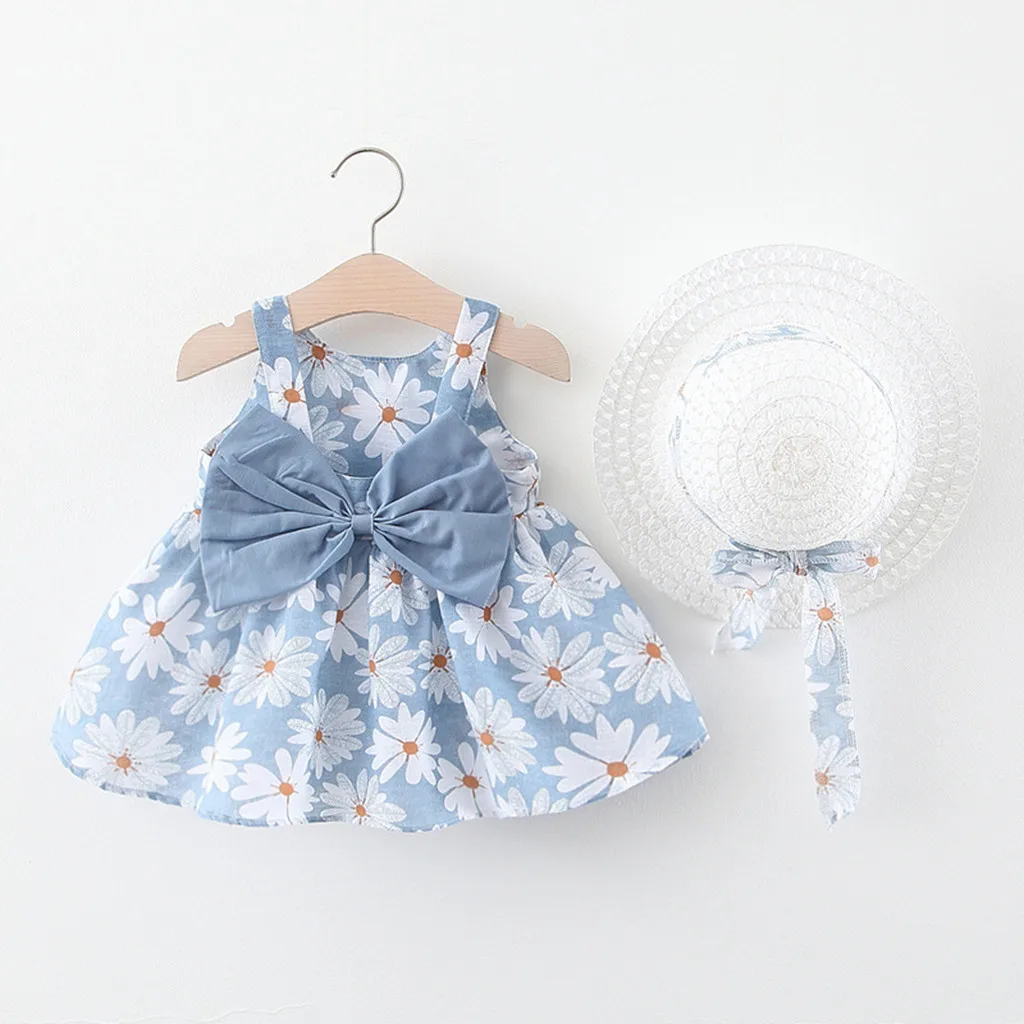 

2pcs Summer Toddler Baby Girls Dresses Floral Flowers Princess Dress +Hat Kids Outfits Children's Suit Fashion Girl Clothes 1-3Y
