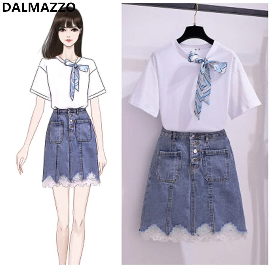 Женский костюм из двух предметов футболка с коротким рукавом и джинсовая юбка до