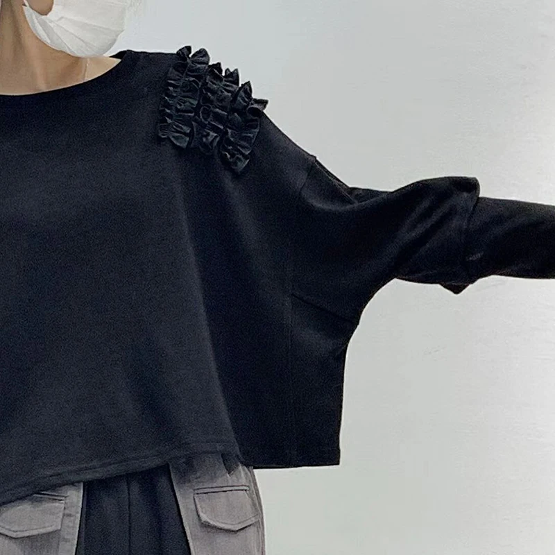 

XITAO Patchwork Ruffles Casual T Shirt Women Spring Autumn Trendy Fashion New O Neck Collar Long Batwing Sleeve Zipper GCC4110