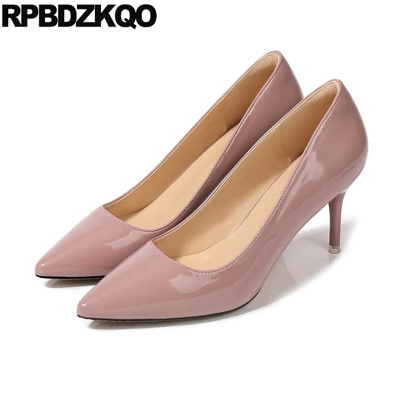 

Big Size 3 Inch High Heels Slip On Patent Leather Work Thin Pumps 33 Nude Kitten Pointed Toe Office Ladies Mid Shoes Court 2021