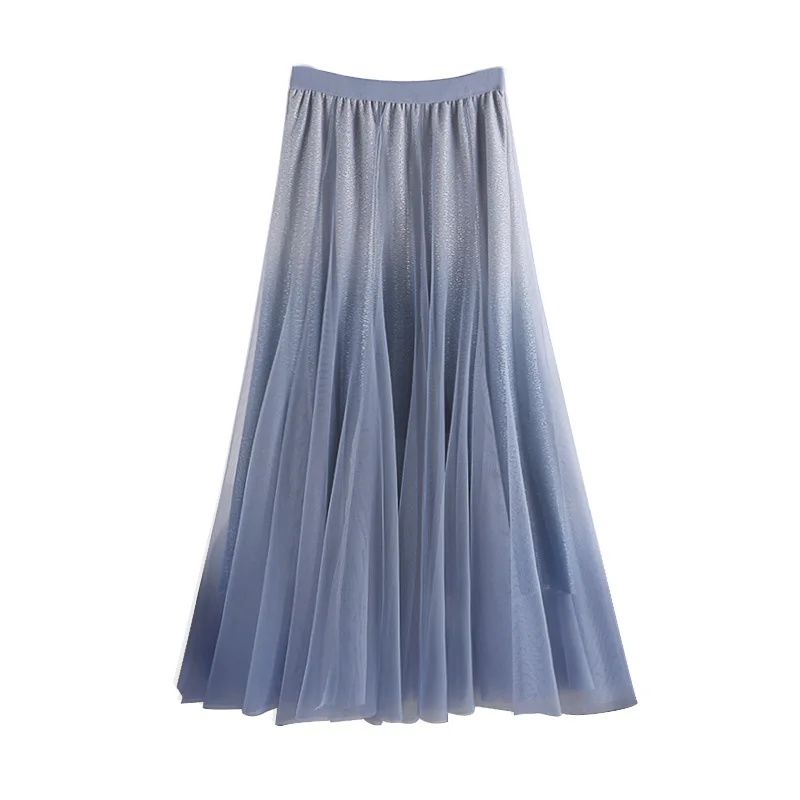 

and winter new Korean style all-around high waist show thin medium length gradual shiny mesh skirt women's skirt 777