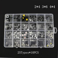 250pcsbox micro switch assorted push button tact switches reset 25types mini leaf switch smd dip 24 36 44 66 diy kit