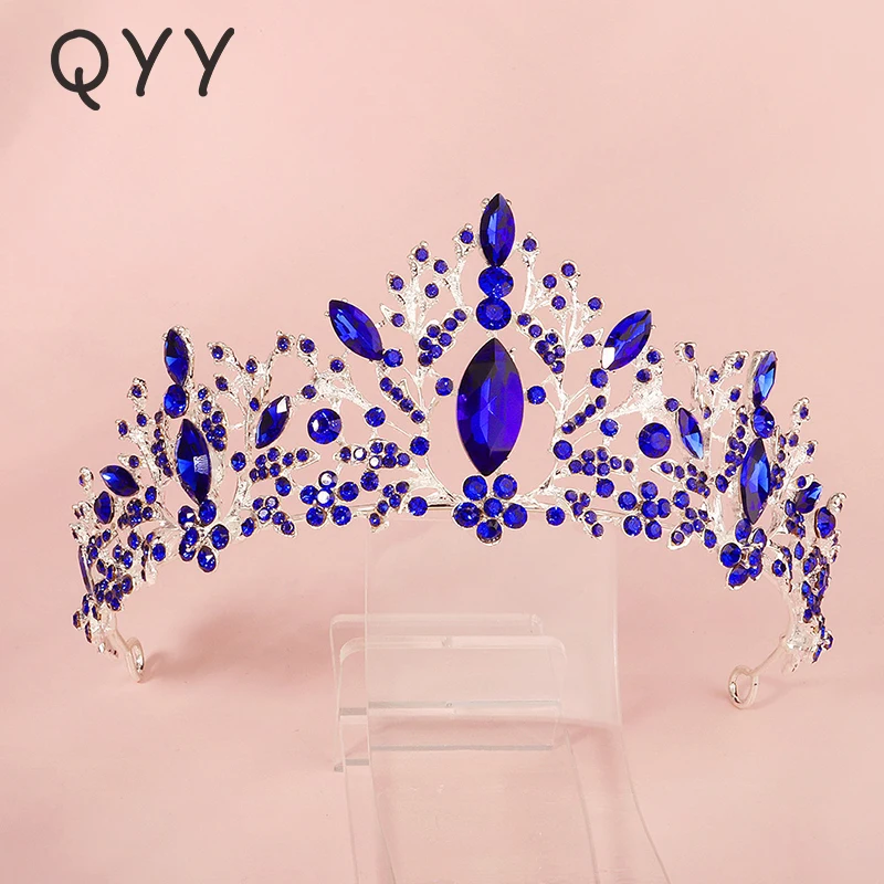 QYY голубого кристалла в виде короны серебро Цвет диадемы и свадебные украшения