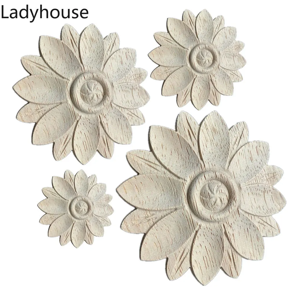 

1PC 4-8cm Carved Flower Carving Round Wood Appliques for Furniture Cabinet Unpainted Wooden Mouldings Decal Decorative Figurines