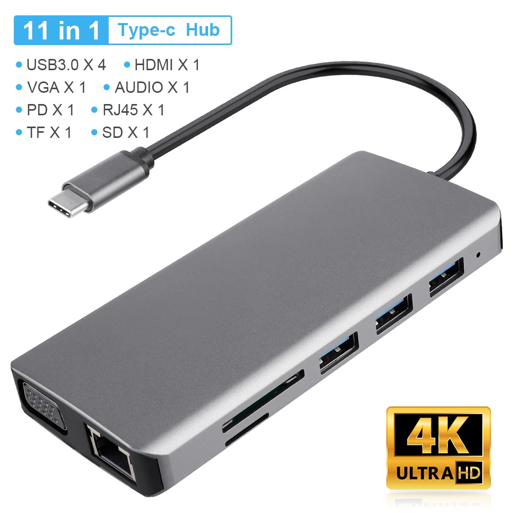 11 в 1 USB C концентратор Type данных с 4K HDMI SD TF кардридер 3 0 порт VGA rj453.5мм аудио адаптер