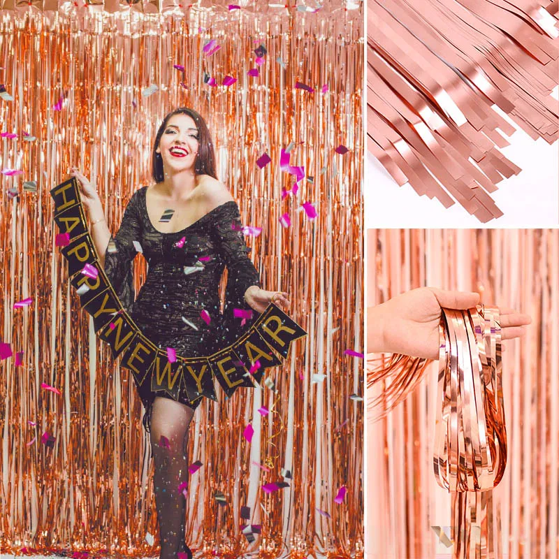 

1*2M Rose Gold Tinsel Fringe Metallic Foil Curtain Bachelorette Party Backdrop Wedding Birthday Anniversary Wall Decoration