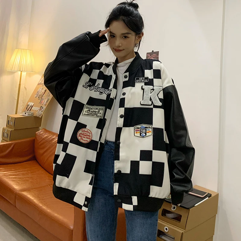 

American black and white baseball uniform autumn and winter street fashion brand leather sleeve stitching embroidery jacket