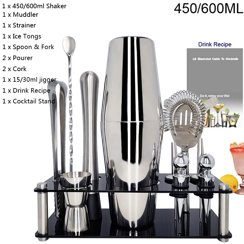

Bartending Kit Cocktail Shaker Set kit Bartender Shakers Stainless Steel Bar Tool with Wine Rack
