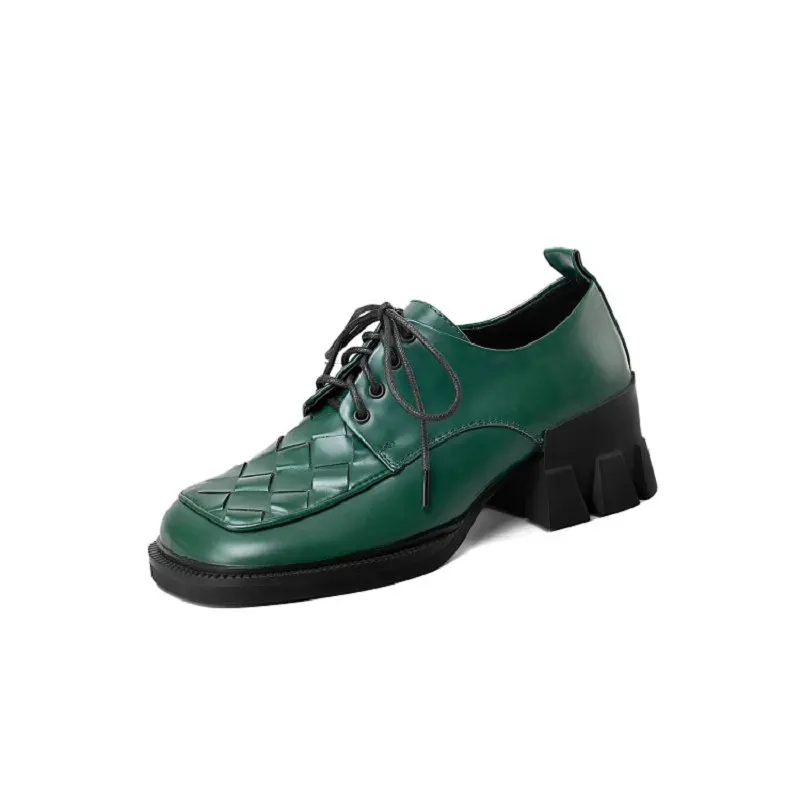 

ZawsThia Luxury Brand Genuine Natural Leather Chunky High Heels Womens Brogue Shoes Green White Weaved Pattern Square Toe Pumps