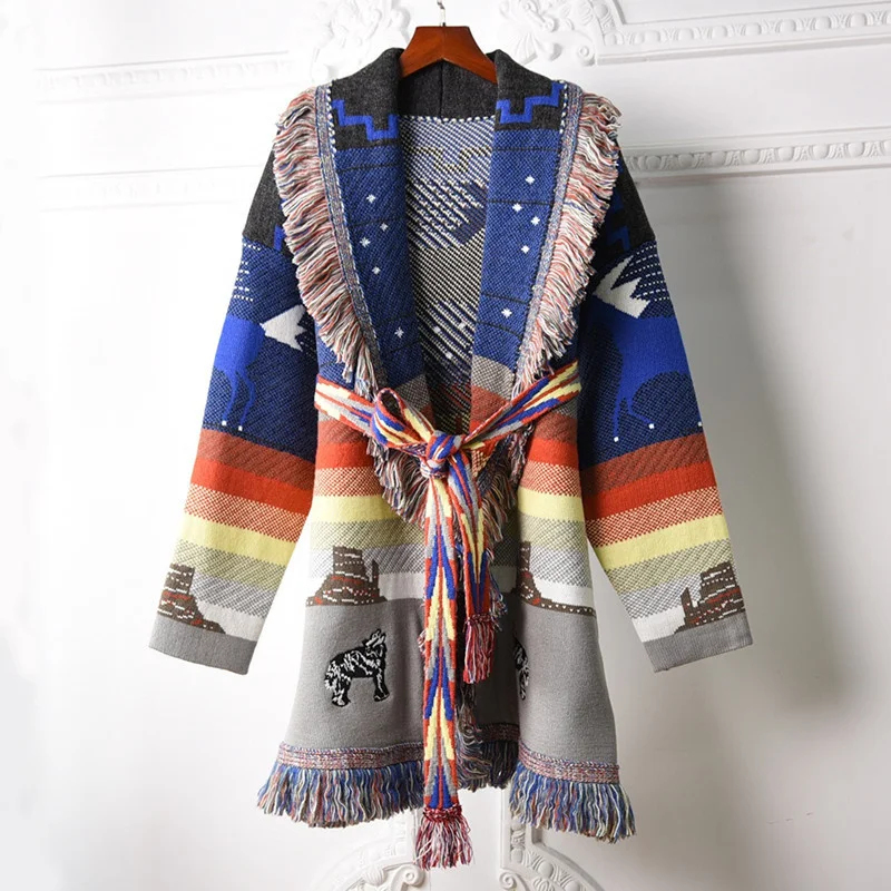 

Autumn Fashion 2021FW Women Embroidery Wool Tassel Knitted Cardigans Sweater For Female
