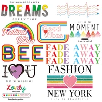 fashionable colorful heart shaped striped letters vinyl printing iron on girls t shirt heat transfer stickers on school bags