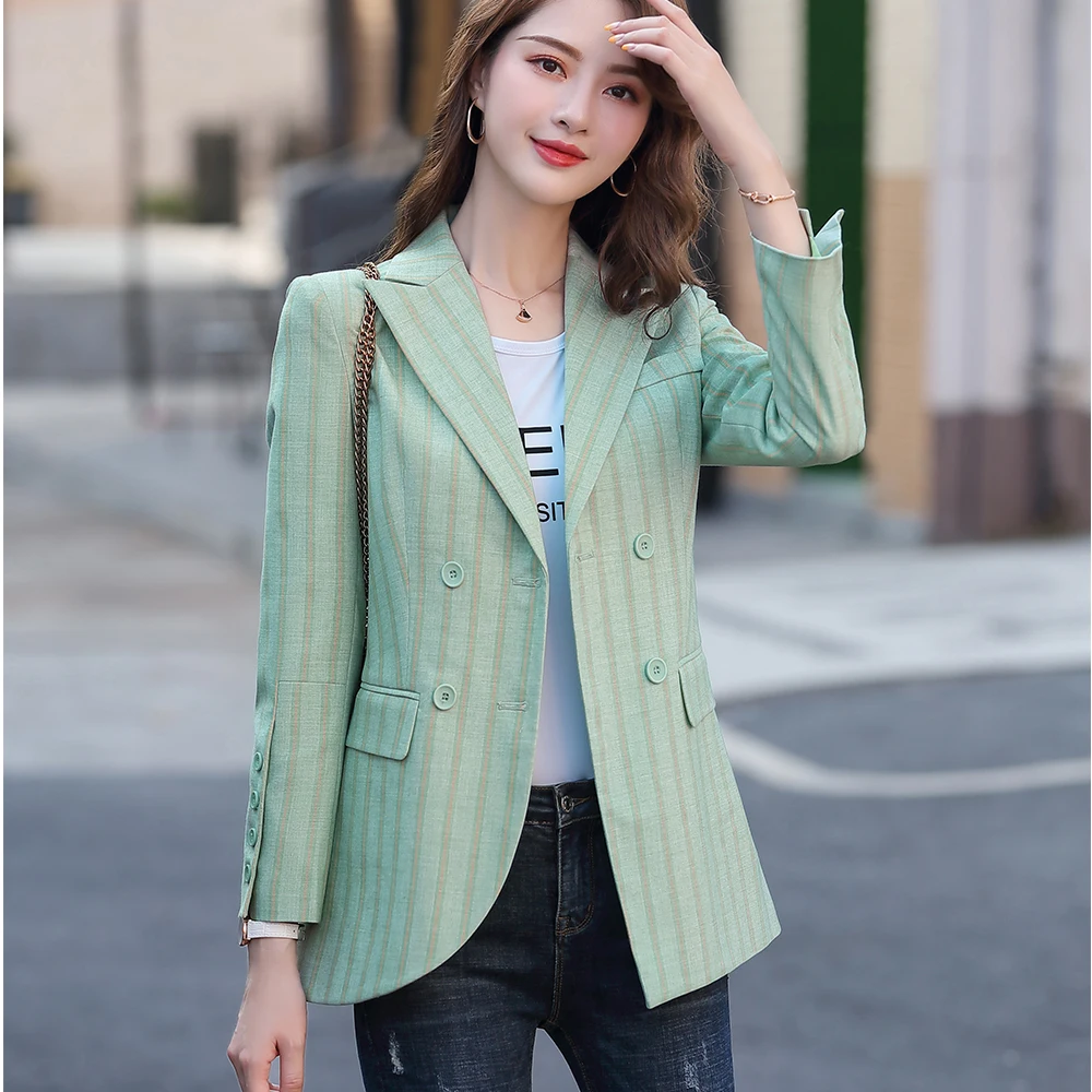 

Woman Female Pink Apricot Green Stripe Blazer Autumn Winter Outwear Casual Jackets Slim Double Breasted S-5XL Coat For Girl