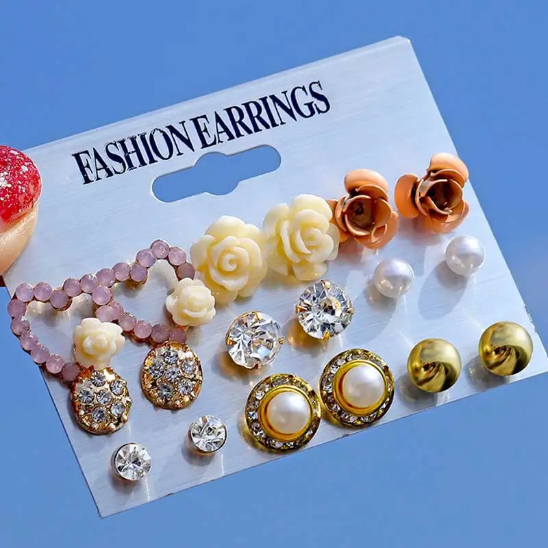 Модные женские серьги гвоздики IFMIA с жемчугом и кристаллами комплект из 12/ 9 пар