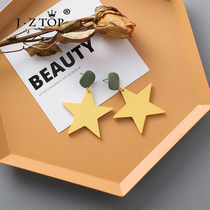 Женские несимметричные серьги капли с пятиконечной звездой преувеличенный