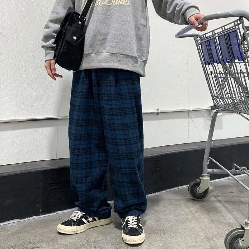 

2021 Men's BF Style Hip Hop Style Casual Pants Loose Oversized Joggers Sweatpants Lattice Printing Baggy Blue Color Trousers