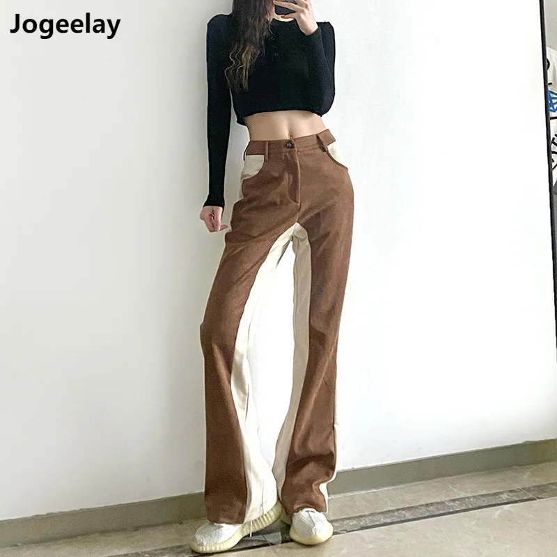 

Women's High Waist Solid Flare Pants Bell Bottom Looose Color Stitching Casual Trousers