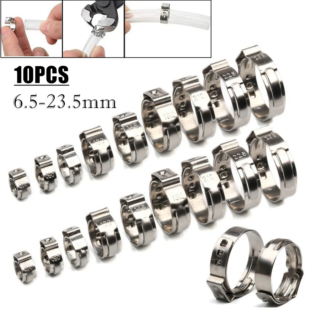 

10Pcs 6.5mm-23.5mm 304 Stainless Steel Single Ear Hose Clamps Fuel Oil Water Hose Clip Pipe Tube Clamp Fastener Kit