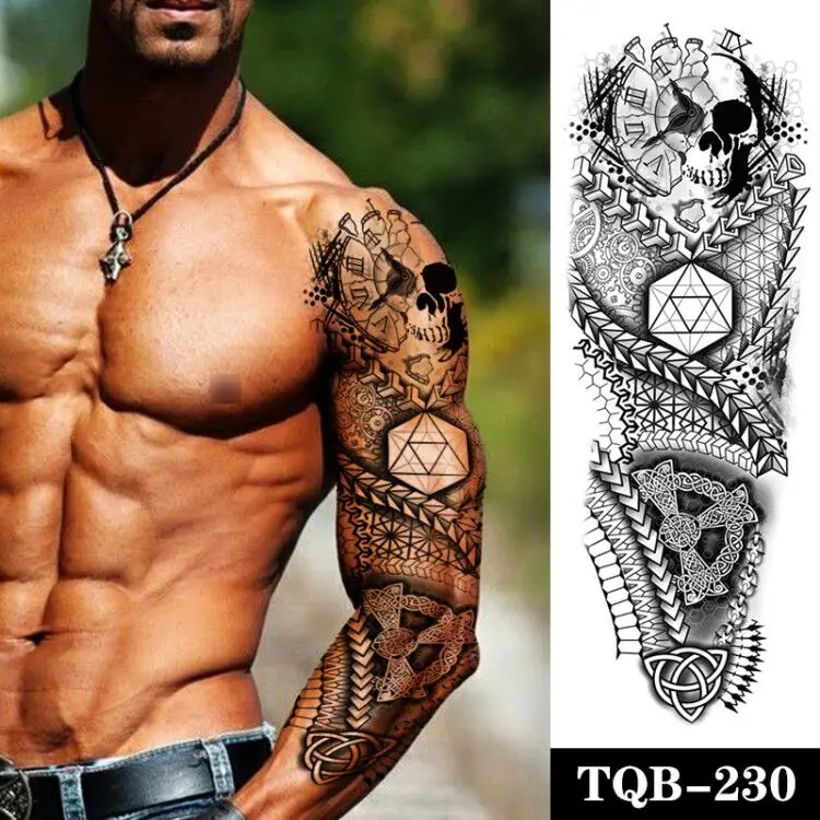 

Large Arm Sleeve Tattoo Totem Geometric Waterproof Temporary Tatoo Sticker Clock Letter Skull Men Women Full Arm Totem Tatto