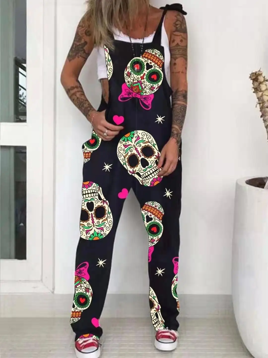 

2021 Summer Sleeveless European and American Leisure Loose Fashion Temperament One-Piece Printed Skull Jumpsuit