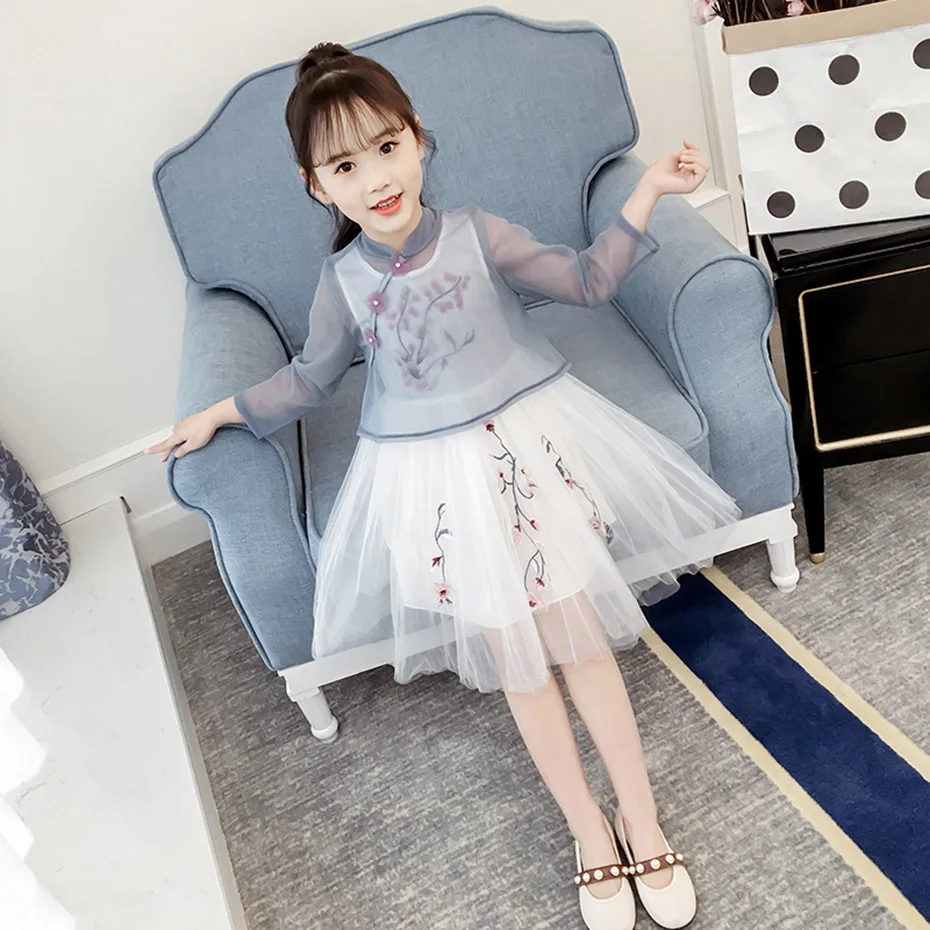 

Dresses For Girls Flower Embroidery Vestidos Children Chinese Style Girl Party Dress Spring Autumn Girls Clothes 6 8 10 12 14