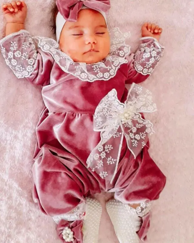 

Baby Girl Winter Velvet Clothes Lace Romper Jumpsuit Bodysuit Outfit 0-24M