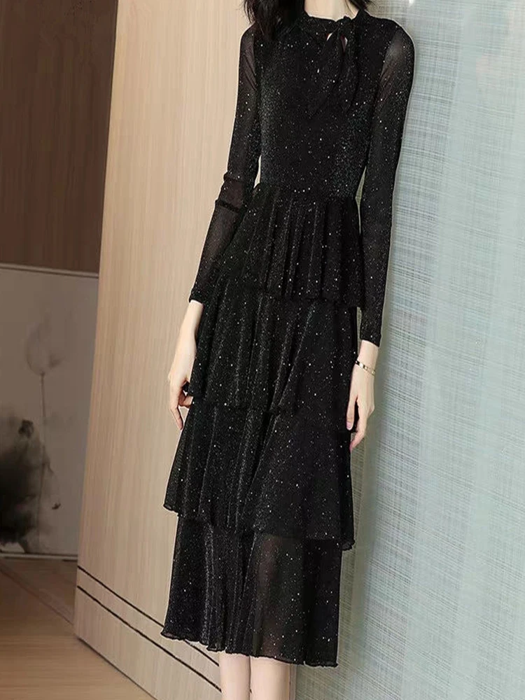 

Women's Spring Autumn Style Mesh Dress O-Neck Solid Color Cascading Ruffle Long Sleeve Vintage Dress AA3155