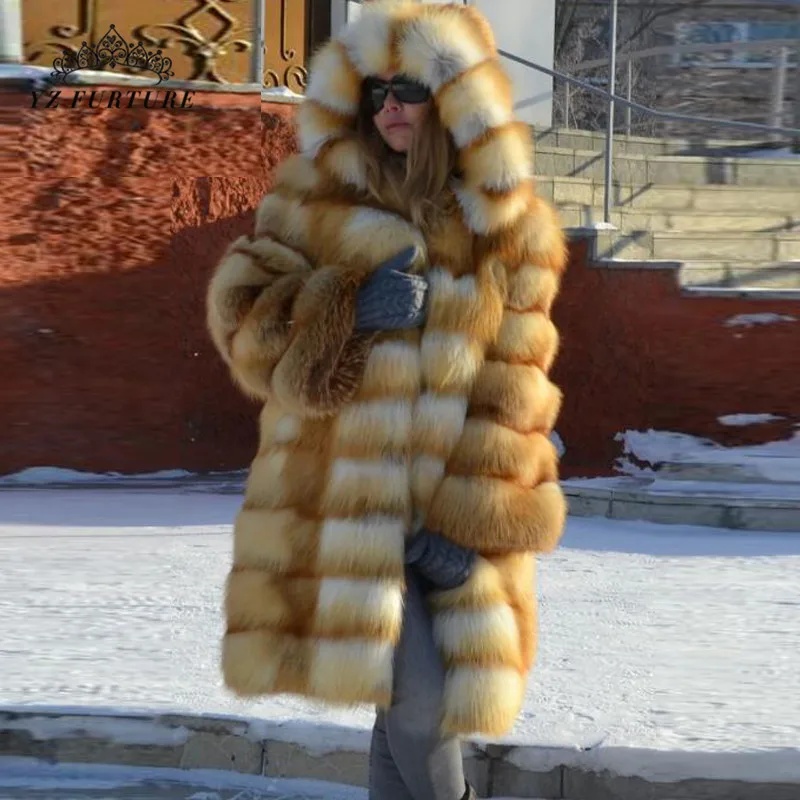 Роскошная зимняя шуба из натурального Лисьего меха, женская меховая куртка из натуральной кожи с капюшоном, шуба из красной лисы для женщин, FC-175