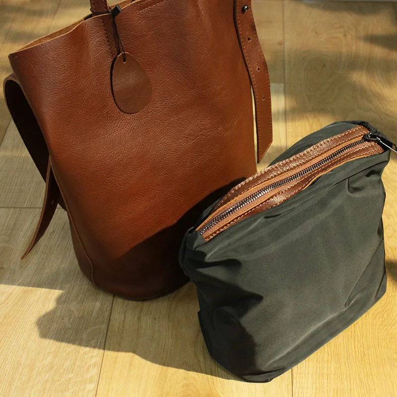 

Luxury Bucket Style Genuine Leather Handbag Women Crossbody Bags With Liner Bag High Quality Handmade Soft Cowhide Shopping Tote