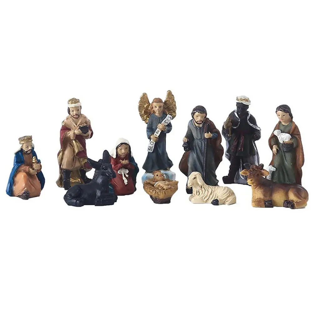 

11Pcs Resin Handpainted Nativity Figurine Christ Birth of Jesus Set Scene Religious Christmas Sculpture Shelf Home Decorative